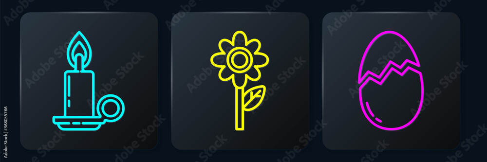 Set line Burning candle in candlestick, Broken egg and Flower. Black square button. Vector.