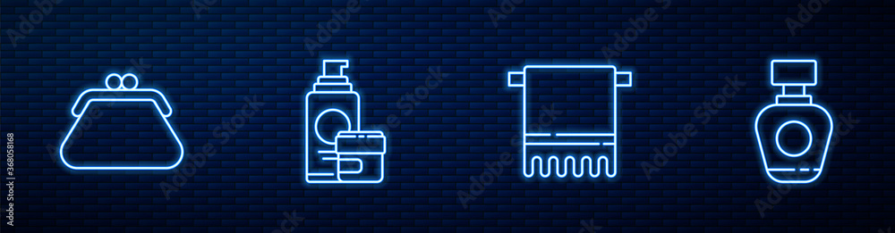 将毛巾挂在衣架上，手提袋，面霜或乳液化妆品管和香水。闪闪发光的霓虹灯图标