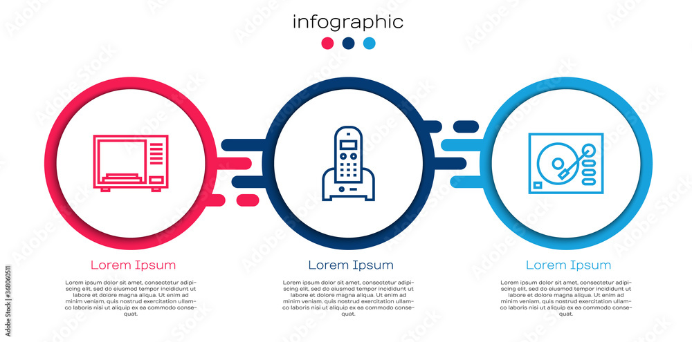 设置线微波炉，电话和乙烯基播放器。商业信息图模板。矢量。