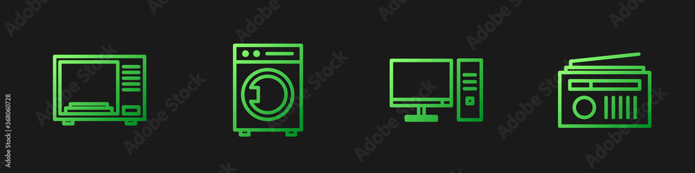 Set line Computer monitor, Microwave oven, Washer and Radio with antenna. Gradient color icons. Vect