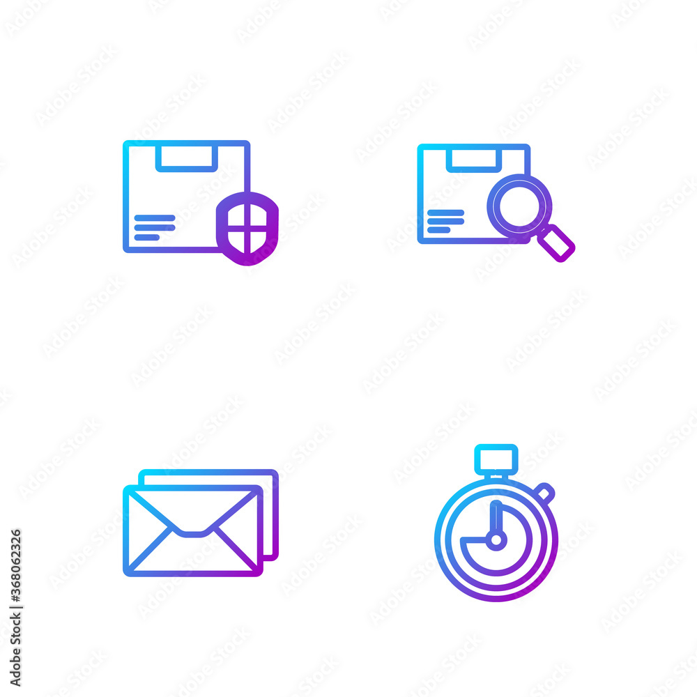 Set line Stopwatch, Envelope, Delivery security with shield and Search package. Gradient color icons