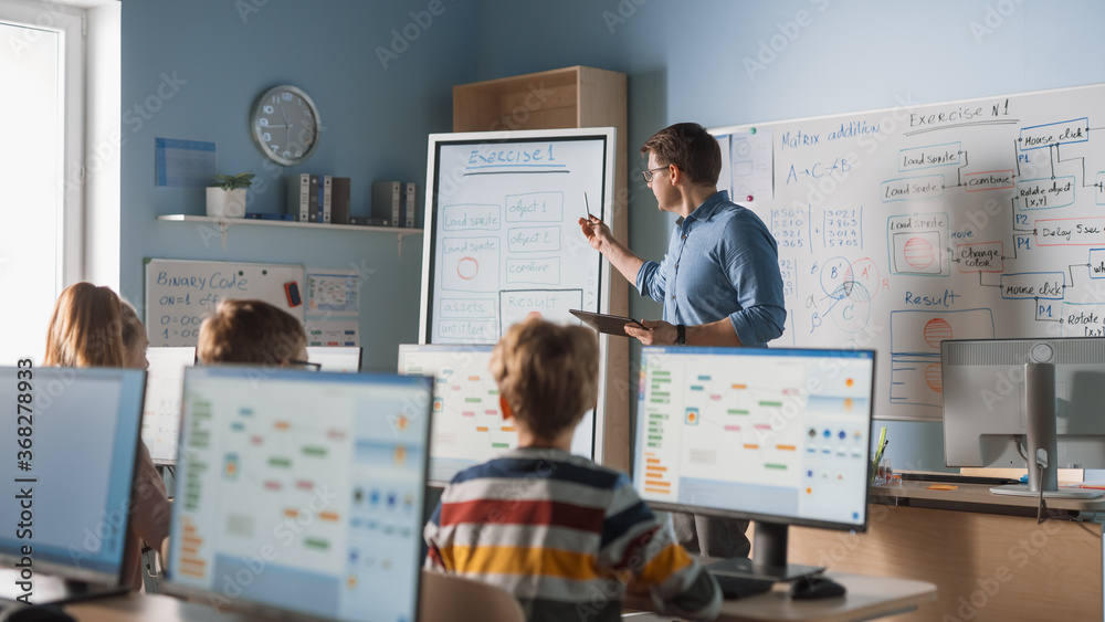 Elementary School Class: Teacher Uses Interactive Digital Whiteboard, Explains Lesson to Diverse Gro