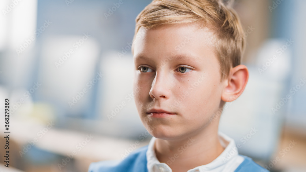 Portrait of a Serious and Concentrated Little Boy Sitting at his School Desk. Smart Little Boy with 