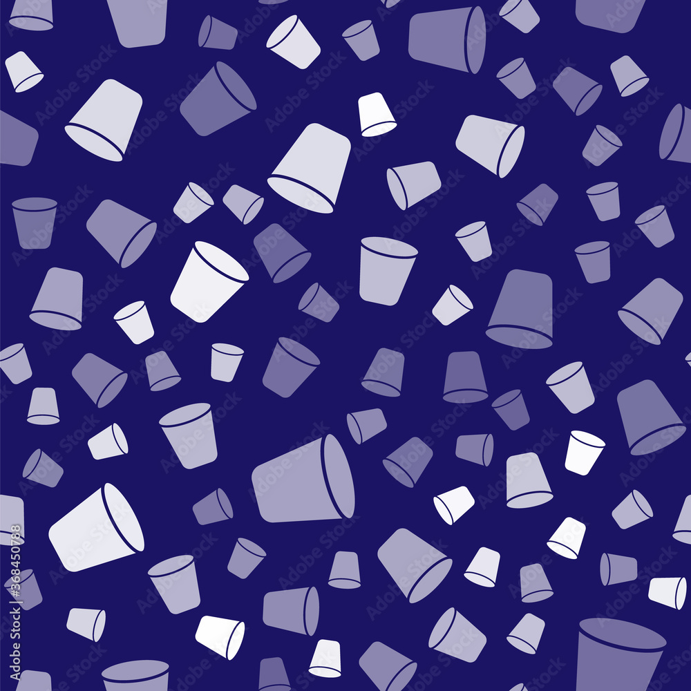 White Trash can icon isolated seamless pattern on blue background. Garbage bin sign. Recycle basket 