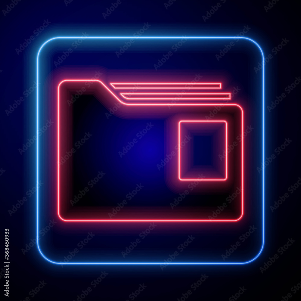 Glowing neon Document folder icon isolated on blue background. Accounting binder symbol. Bookkeeping