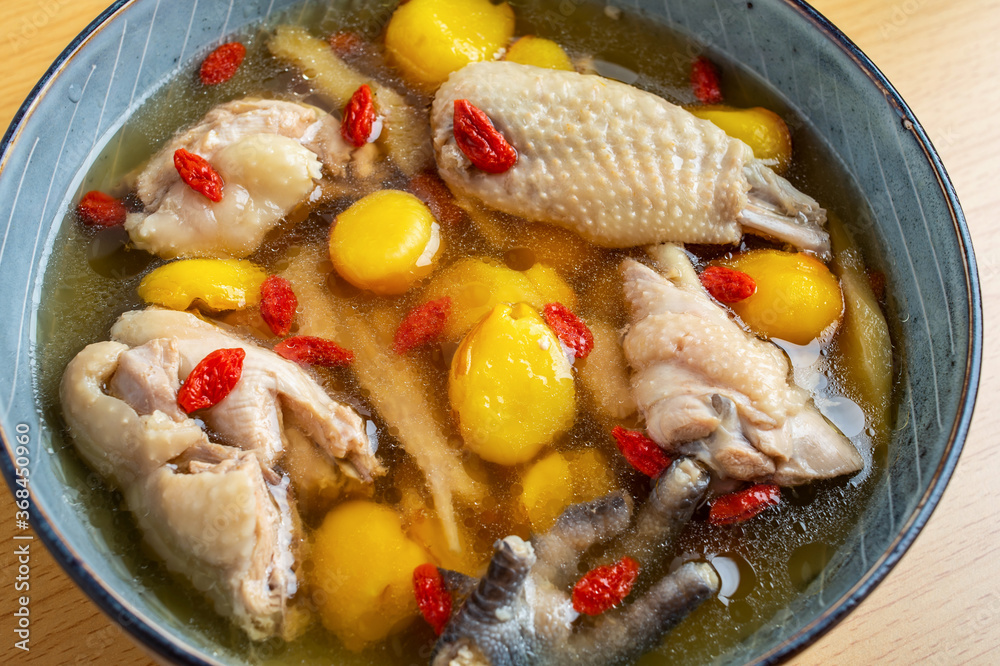 Chinese Guangdong Old Fire Soup with Eichhorne Fruit Chicken Soup