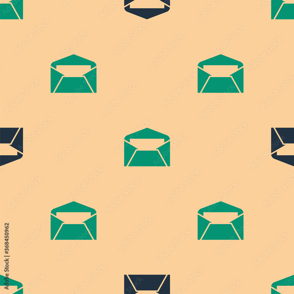 Green and black Envelope icon isolated seamless pattern on beige background. Email message letter sy