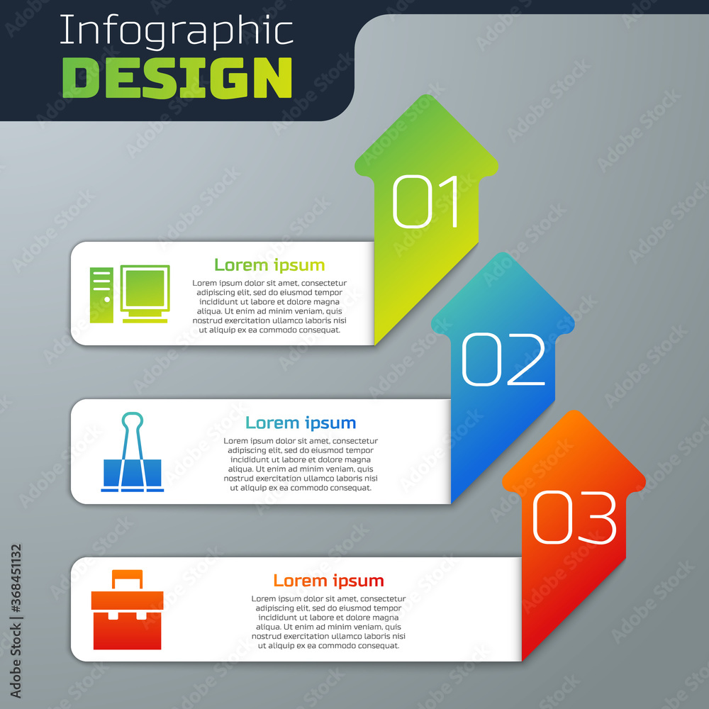 Set Computer monitor, Binder clip and Briefcase. Business infographic template. Vector.