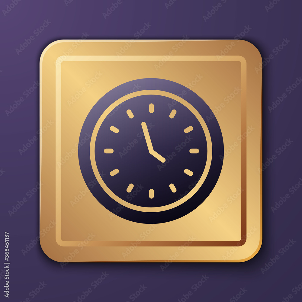 Purple Clock icon isolated on purple background. Time symbol. Gold square button. Vector Illustratio