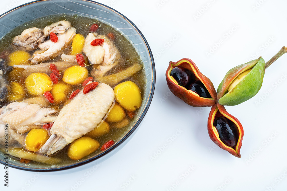 Chinese Guangdong Old Fire Soup with Eichhorne Fruit Chicken Soup