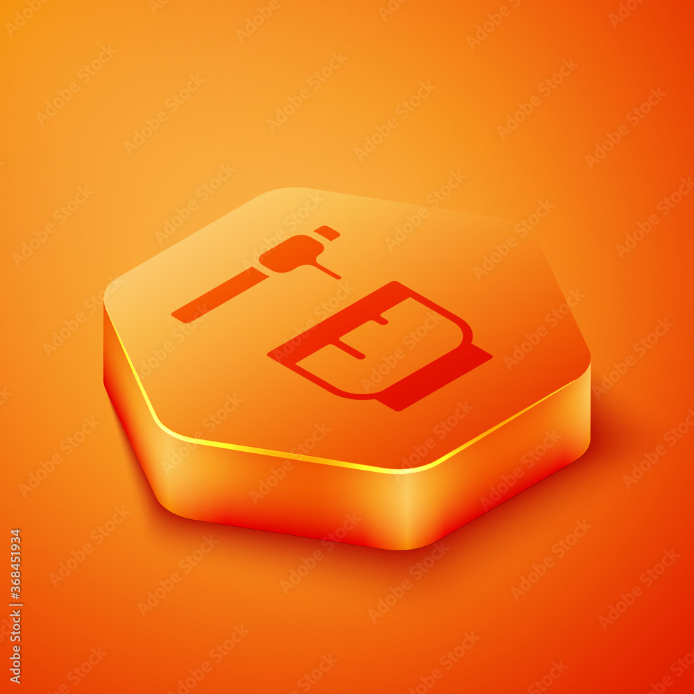 Isometric Honey dipper stick and bowl icon isolated on orange background. Honey ladle. Orange hexago