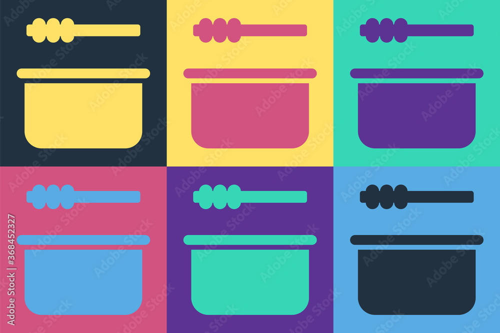 Pop art Sauna bucket and ladle icon isolated on color background. Vector Illustration.