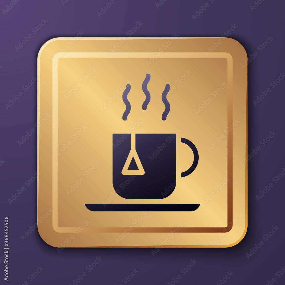 Purple Cup of tea with tea bag icon isolated on purple background. Gold square button. Vector Illust