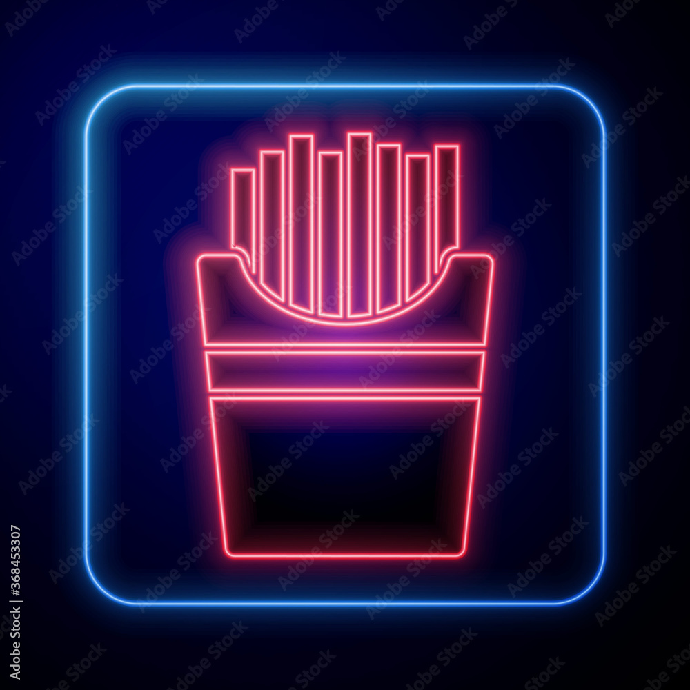 Glowing neon Potatoes french fries in carton package box icon isolated on blue background. Fast food