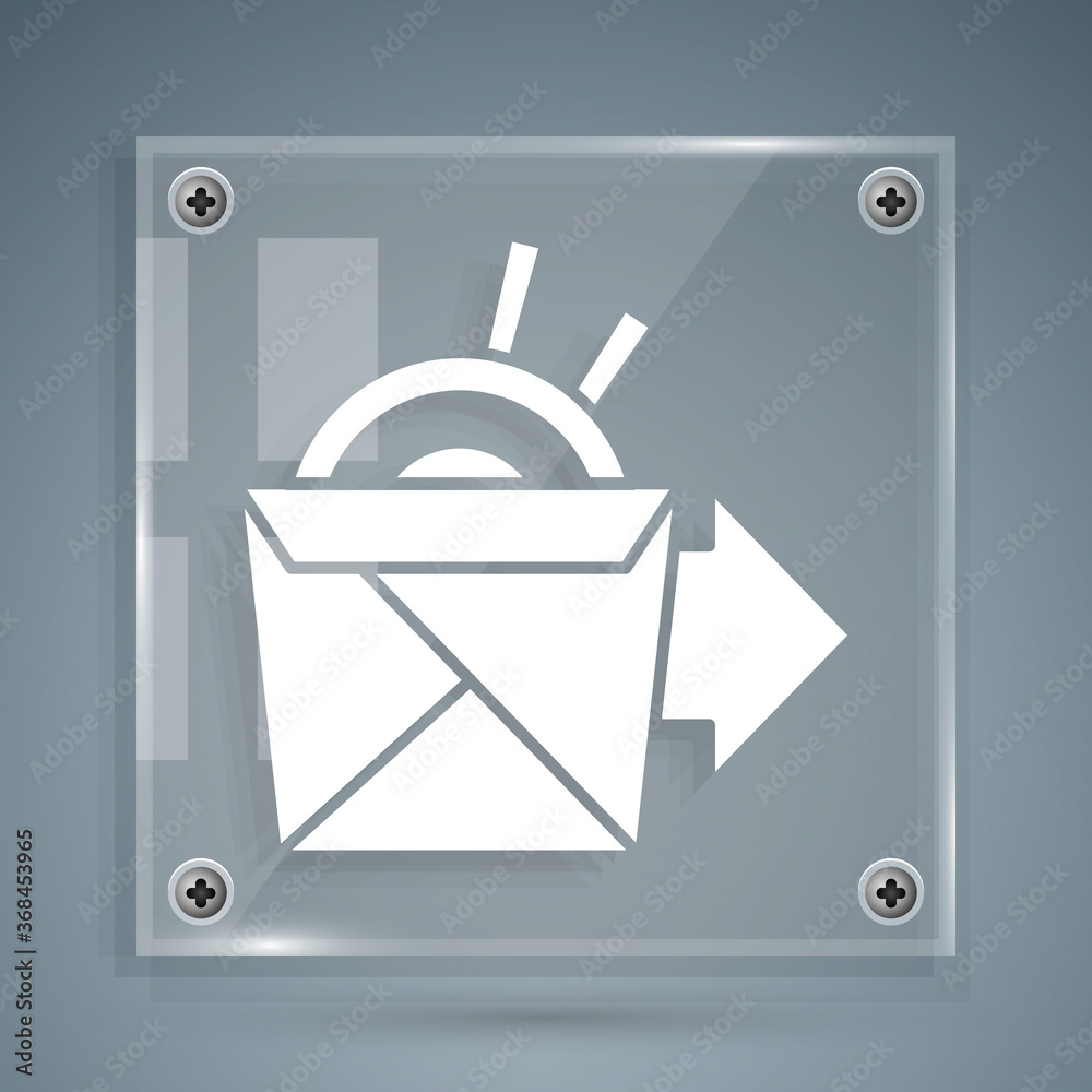 White Online ordering and noodles delivery icon isolated on grey background. Square glass panels. Ve