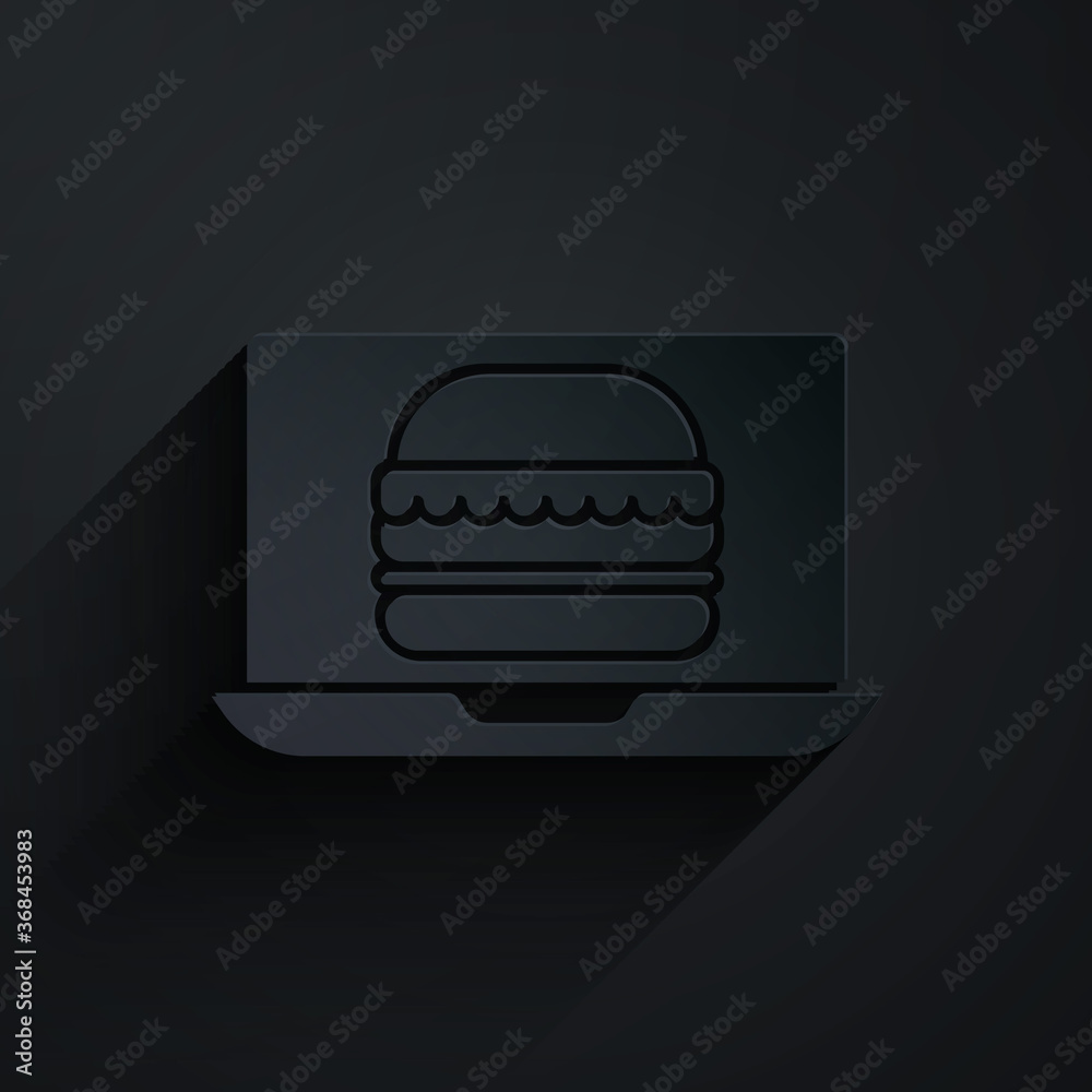 Paper cut Online ordering and burger delivery icon isolated on black background. Paper art style. Ve