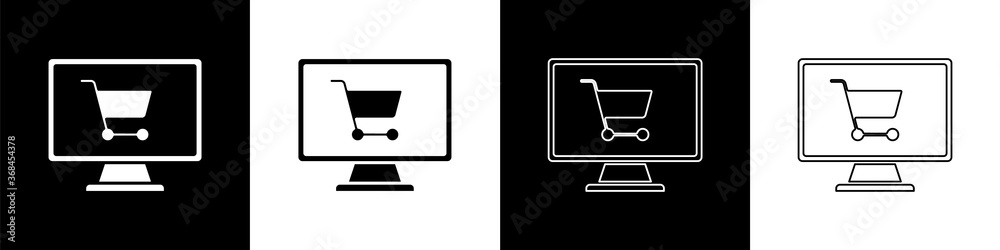 Set Shopping cart on screen computer icon isolated on black and white background. Concept e-commerce