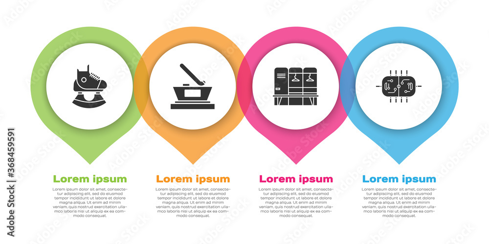 Set Skates, Ice hockey cup champion, Locker or changing room and Hockey table. Business infographic 