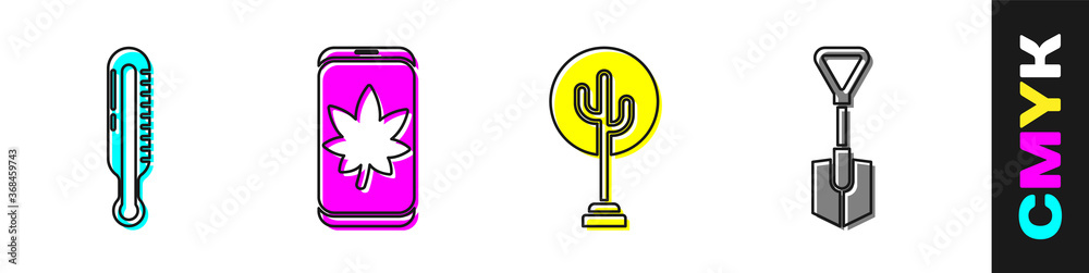 Set Meteorology thermometer, Leaf on mobile phone, Tree and Shovel icon. Vector.