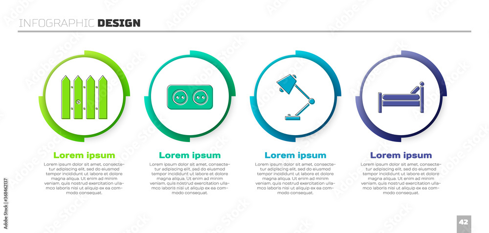 设置木制花园围栏、电源插座、台灯和床。商业信息图模板。Vecto
