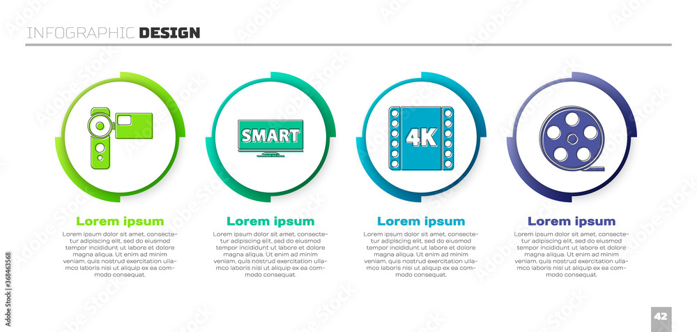 Set Cinema camera, Screen tv with Smart video, 4k movie, tape, frame and Film reel. Business infogra