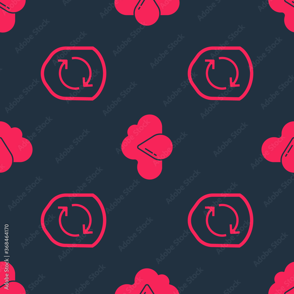 Set Recycle symbol inside shield and Cloud with rain on seamless pattern. Vector.