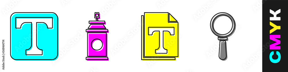 设置文本、喷漆罐、文本文件文档和放大镜图标。矢量。