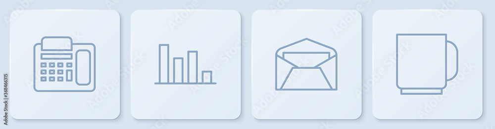 设置线路电话、信封、饼图信息图和咖啡杯。白色方形按钮。矢量。
