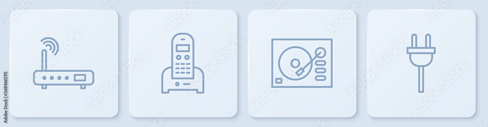 设置线路路由器和wi-fi信号，乙烯基播放器，电话和电气插头。白色方形按钮。Ve