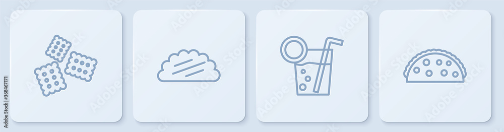 定线饼干、鸡尾酒、墨西哥玉米饼和白色方形按钮。矢量。