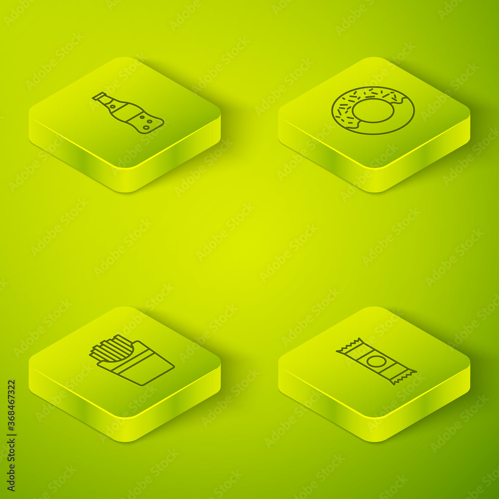 Set Isometric Donut, Potatoes french fries in box, Chocolate bar and Bottle of water icon. Vector.