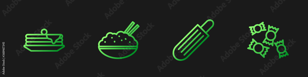 Set line French hot dog, Stack of pancakes, Rice in bowl with chopstick and Candy. Gradient color ic