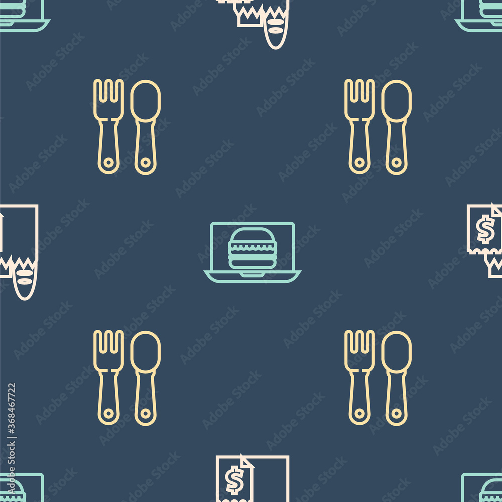 Set line Online ordering and delivery, Fork spoon and burger on seamless pattern. Vector.