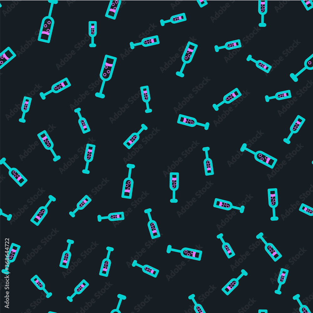 Line Glass of champagne icon isolated seamless pattern on black background. Vector Illustration.