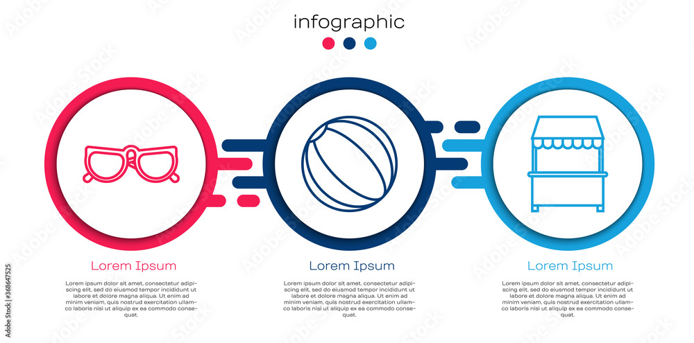 Set line Glasses, Beach ball and Street stall with awning. Business infographic template. Vector.