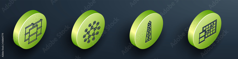 设置等距桶油、分子油、带火的石油钻机和油价上涨图标。矢量。