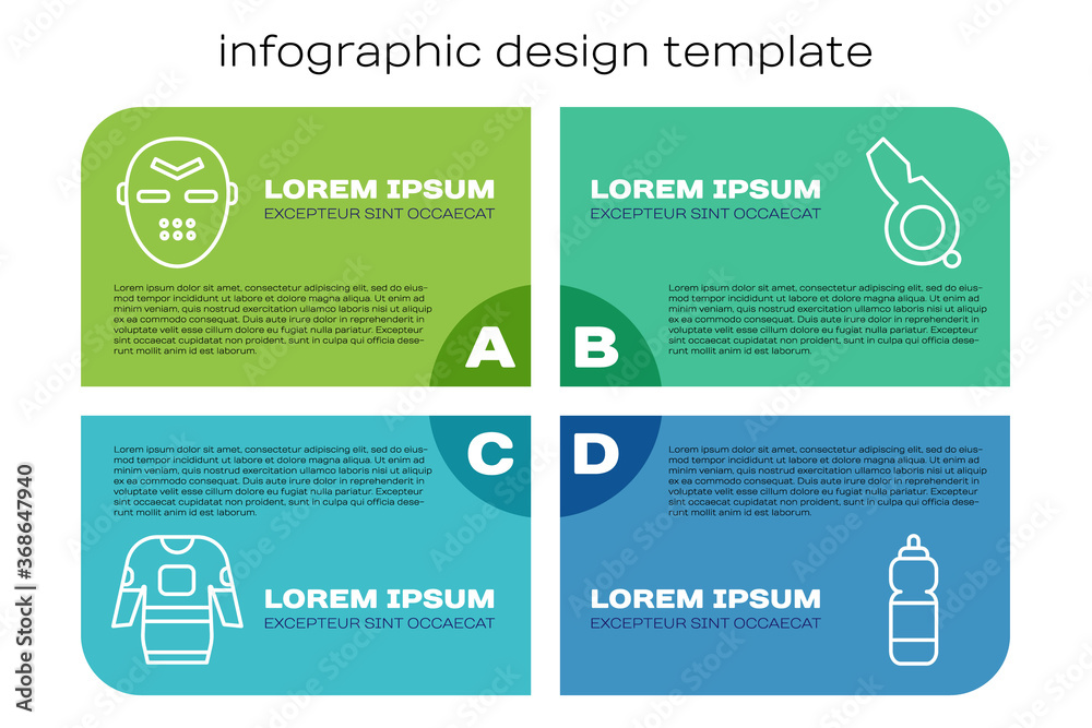 设置线冰球球衣、冰球面罩、健身摇壶和口哨。商业信息图模板。Vect