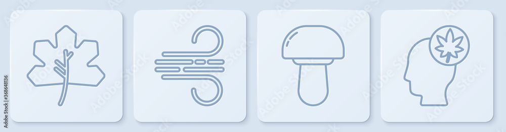 Set line Leaf or leaves, Mushroom, Wind and Human head with leaf. White square button. Vector.