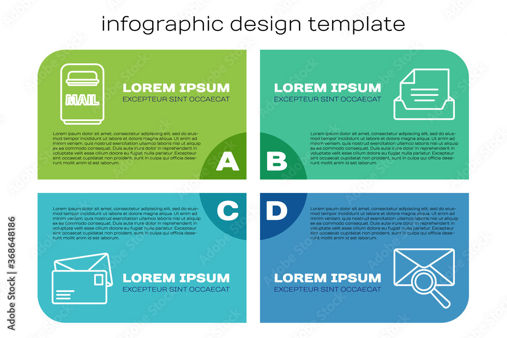 Set line Envelope, Mail box, Envelope with magnifying glass and Drawer with document. Business infog