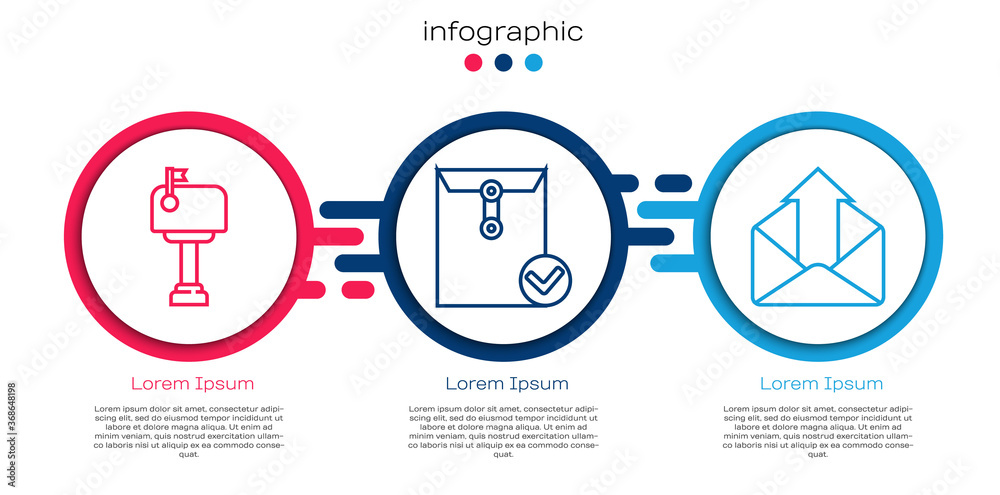 设置行邮箱、信封和复选标记以及发送邮件。业务信息图模板。矢量。