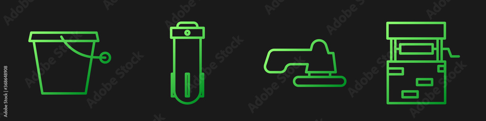 设置线水龙头、水桶、滤水器和井。渐变色图标。矢量。
