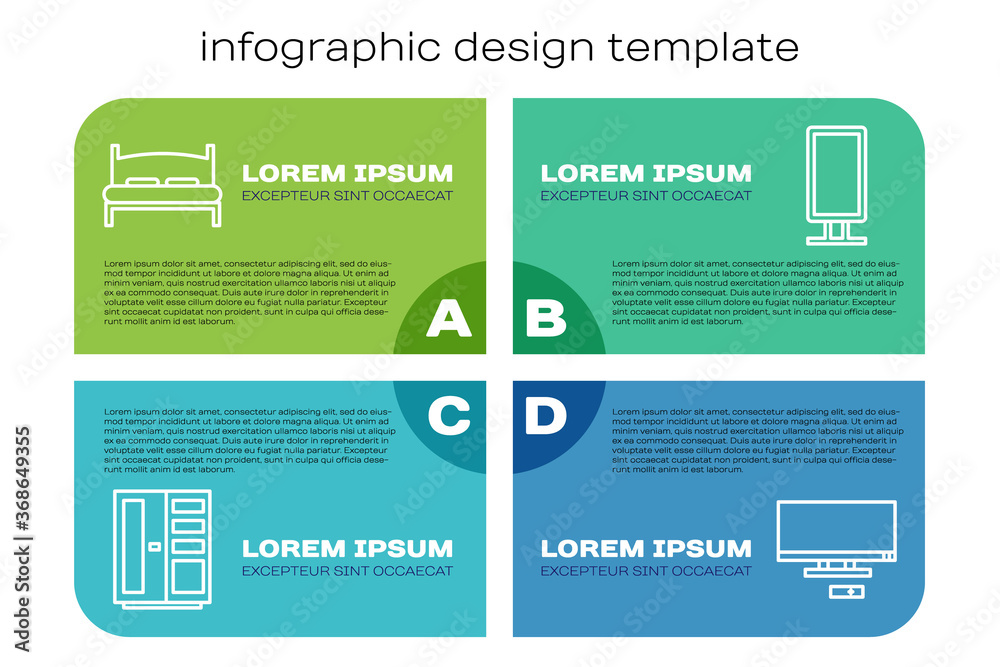 套装衣柜、大床、智能电视和大型全长镜。商业信息图模板。Vect
