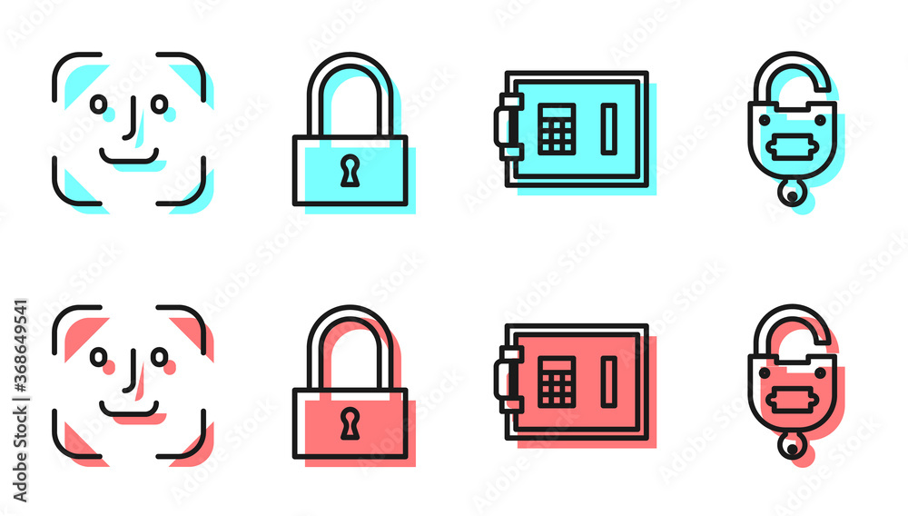 设置线路安全、人脸识别、锁定和按键图标。矢量。