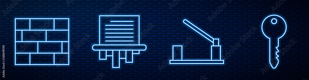 设置停车场路障、砖块、碎纸机和钥匙。砖墙上闪闪发光的霓虹灯图标。Vecto
