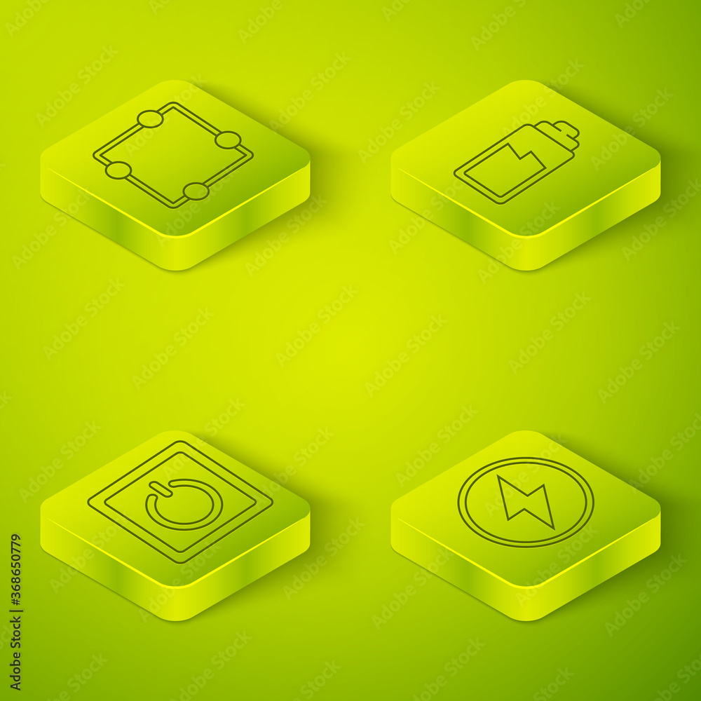 Set Isometric Battery charge level indicator, Electric light switch, Lightning bolt and Electric cir