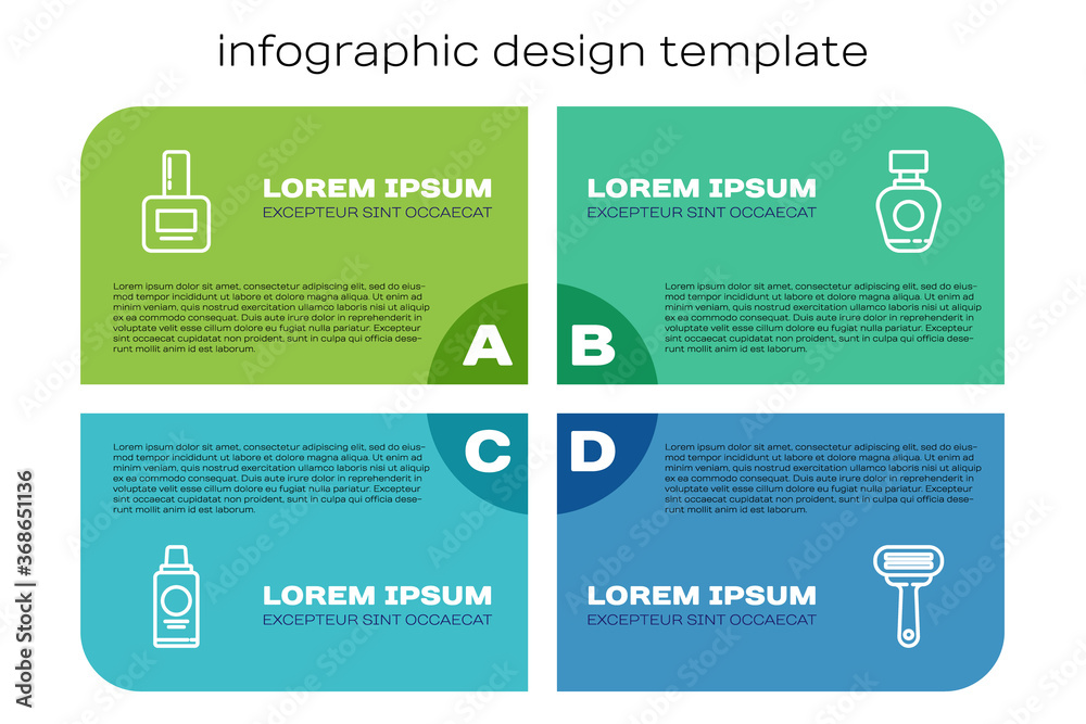 洗发水、指甲油瓶、剃须刀和香水套装。商业信息图温度