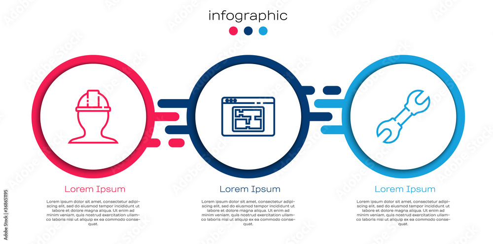 Set line Worker safety helmet, House plan and Wrench spanner. Business infographic template. Vector.