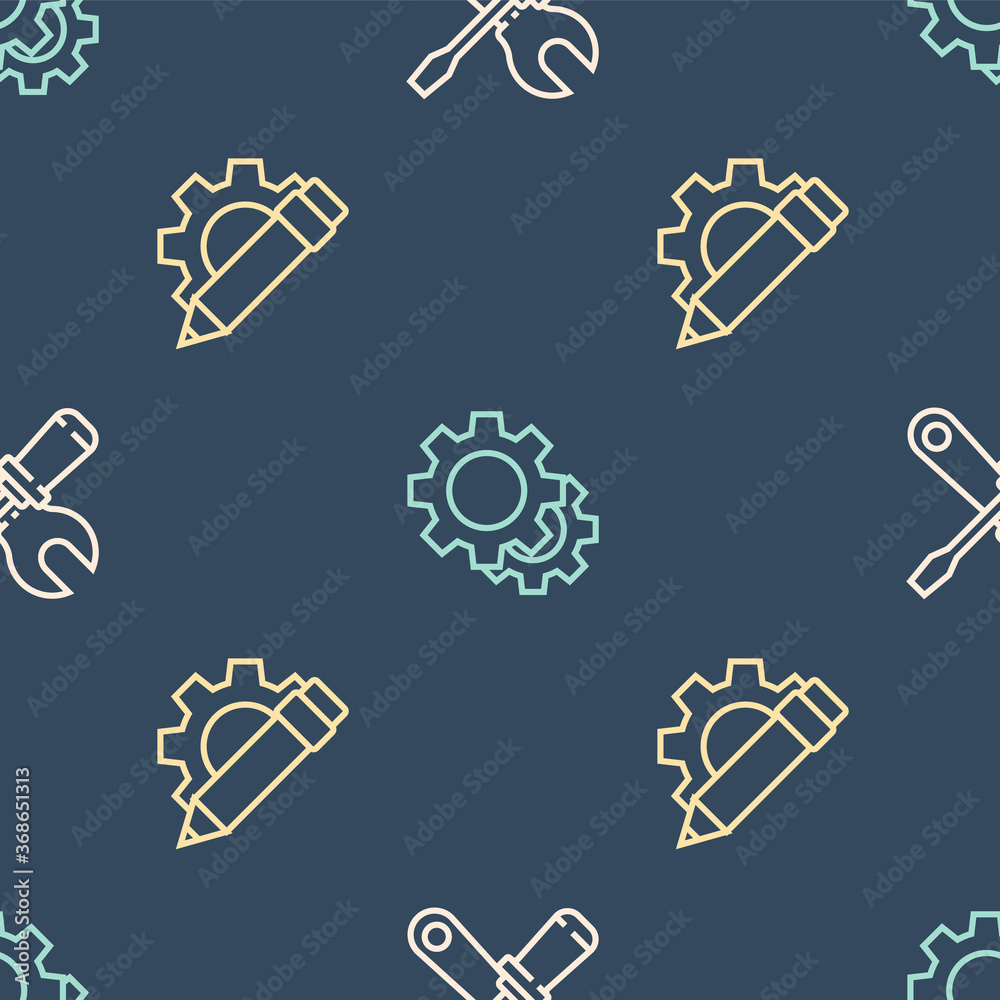 Set line Screwdriver and wrench spanner, Pencil gear and Gear on seamless pattern. Vector.