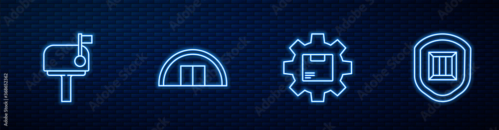 Set line Gear wheel with package box, Mail, Warehouse and Delivery security shield. Glowing neon ico