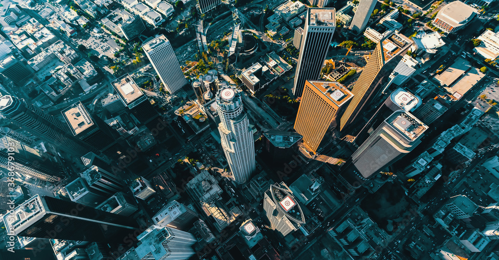 Aerial view of a Downtown Los Angeles at sunset